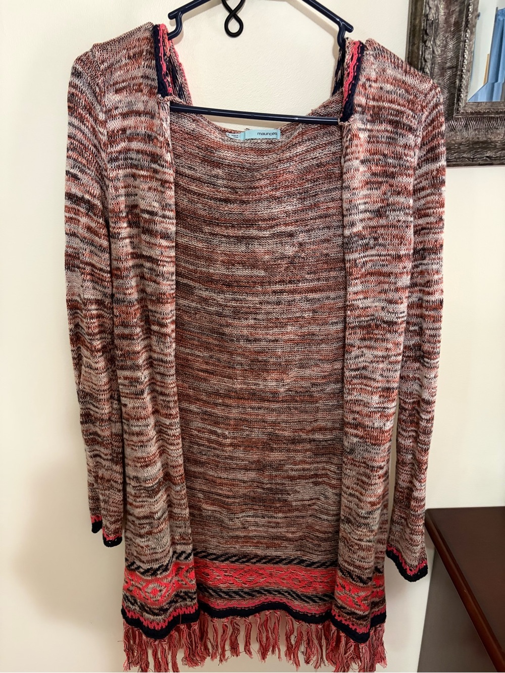 Maurices Coral Cream and Black Fringe Open Cardigan